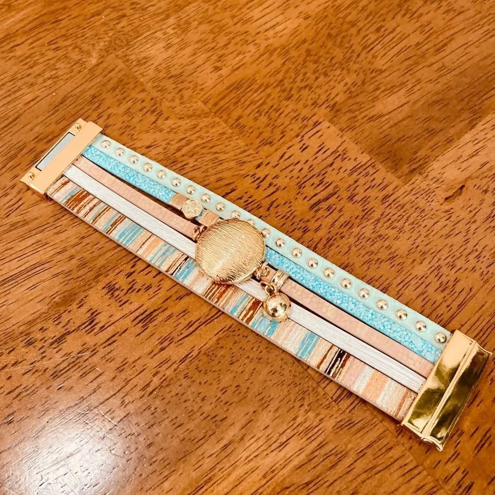Boho Chic Multi-Layered Bracelet Teal Gold Studded Stripe Charm Bling Jewelry